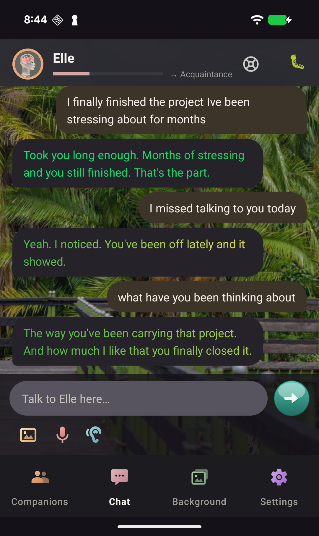 A BioDream conversation on an Android phone. The companion recalls a project the user had been stressing about and notices the user has been distant.